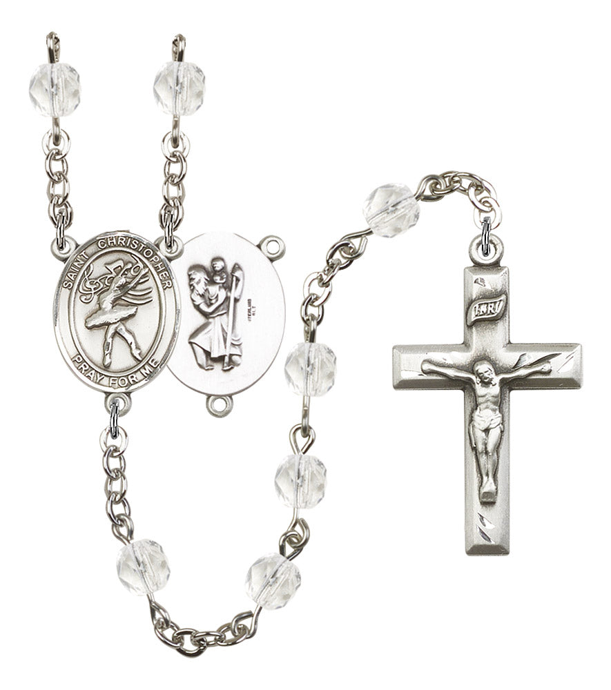 St. Christopher / Dance Rosary, 6mm Fire Polished Crystal Beads, Silver Plate, # 16903