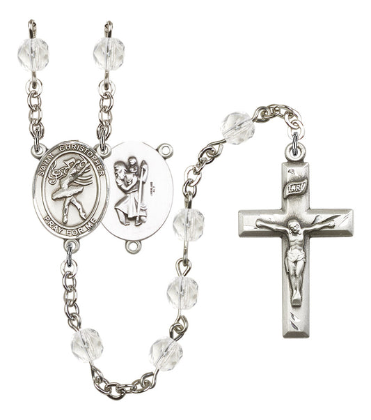 St. Christopher / Dance Rosary, 6mm Fire Polished Crystal Beads, Silver Plate, # 16903
