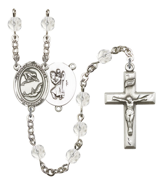 St. Christopher / Gymnastics Rosary, 6mm Fire Polished Crystal Beads, Silver Plate, # 16904