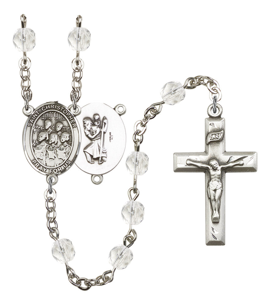 St. Christopher / Choir Rosary, 6mm Fire Polished Crystal Beads, Silver Plate, # 16905