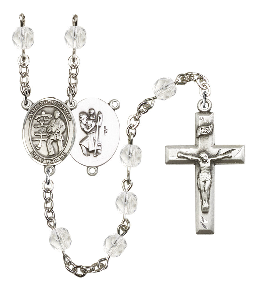 St. Christopher / Karate Rosary, 6mm Fire Polished Crystal Beads, Silver Plate, # 16907