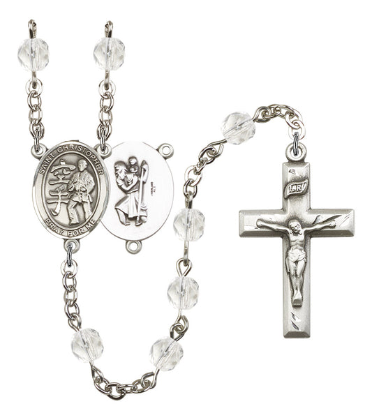 St. Christopher / Karate Rosary, 6mm Fire Polished Crystal Beads, Silver Plate, # 16907