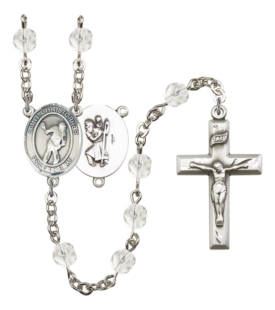 St. Christopher / Lacrosse Rosary, 6mm Fire Polished Crystal Beads, Silver Plate, # 16908