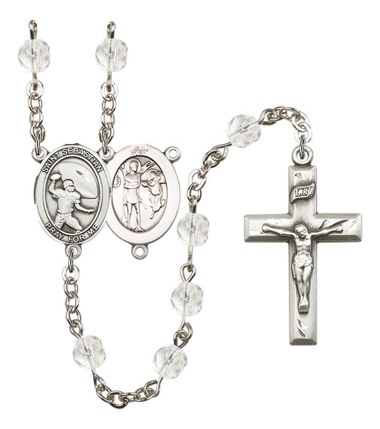 St. Sebastian / Football Rosary, 6mm Fire Polished Crystal Beads, Silver Plate, # 16910