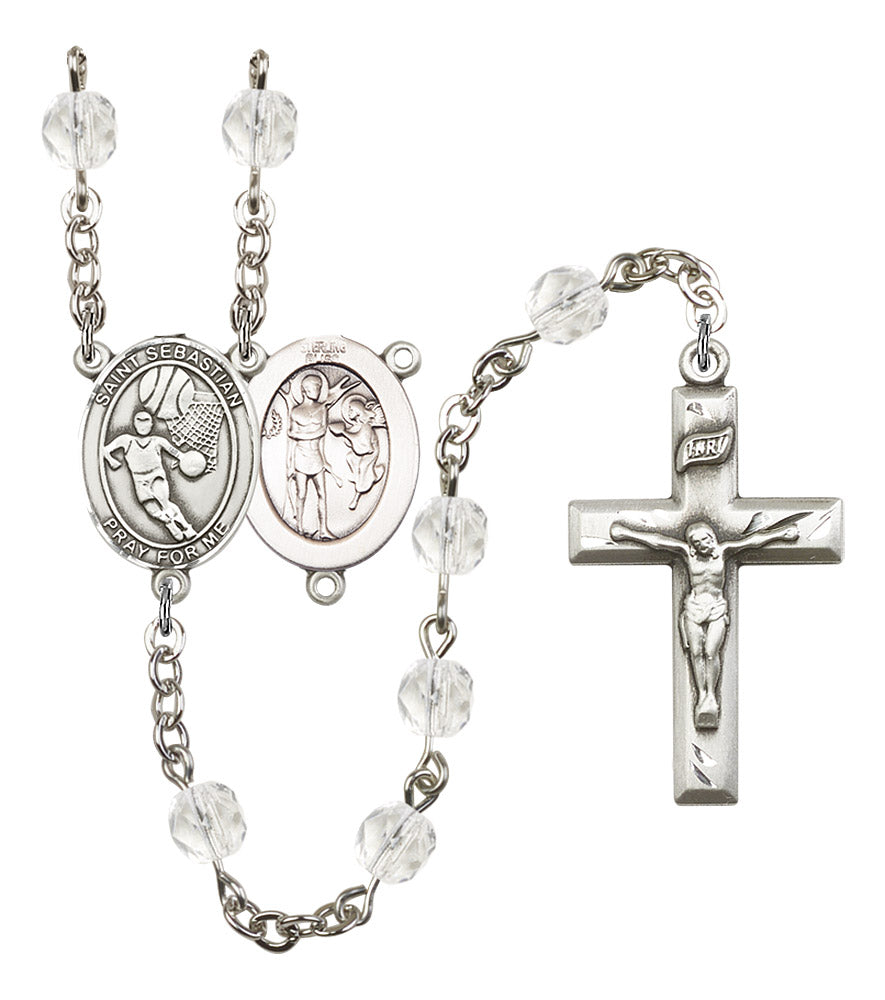 St. Sebastian / Basketball Rosary, 6mm Fire Polished Crystal Beads, Silver Plate, # 16911