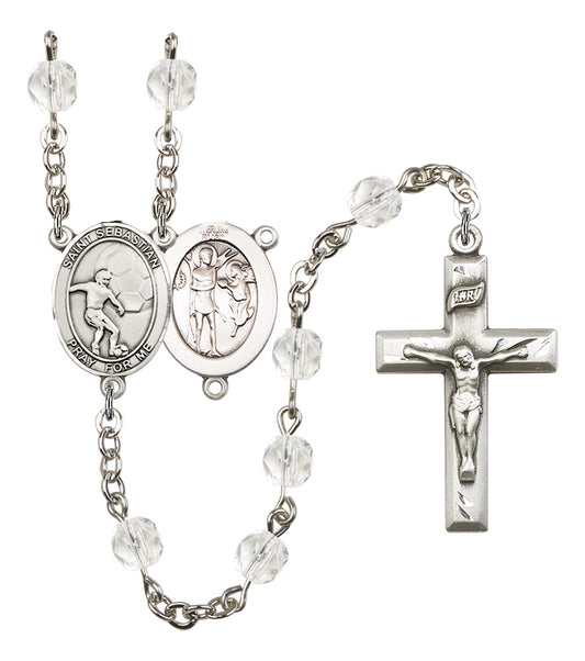 St. Sebastian / Soccer Rosary, 6mm Fire Polished Crystal Beads, Silver Plate, # 16912