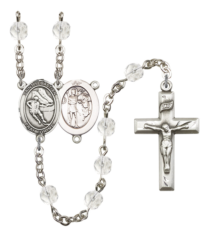 St. Sebastian / Hockey Rosary, 6mm Fire Polished Crystal Beads, Silver Plate, # 16913
