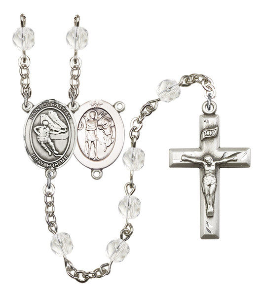 St. Sebastian / Hockey Rosary, 6mm Fire Polished Crystal Beads, Silver Plate, # 16913