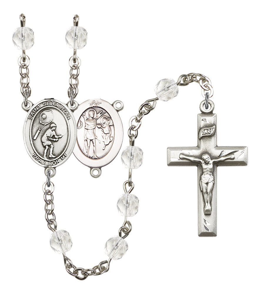 St. Sebastian / Tennis Rosary, 6mm Fire Polished Crystal Beads, Silver Plate, # 16914