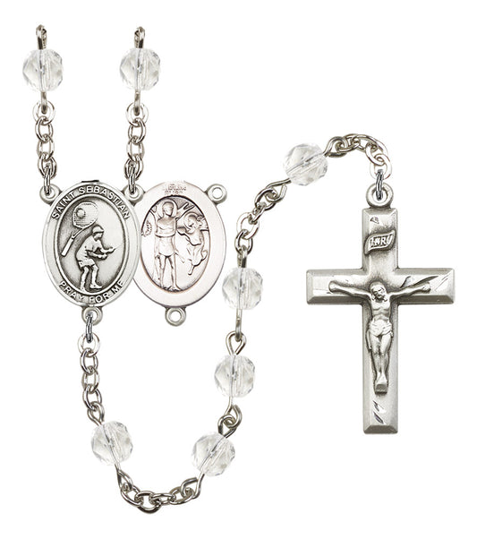 St. Sebastian / Tennis Rosary, 6mm Fire Polished Crystal Beads, Silver Plate, # 16914