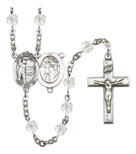 St. Sebastian / Golf Rosary, 6mm Fire Polished Crystal Beads, Silver Plate, # 16915