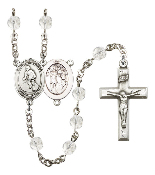 St. Sebastian / Wrestling Rosary, 6mm Fire Polished Crystal Beads, Silver Plate, # 16917