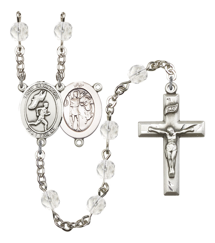 St. Sebastian / Men's Track & Field Rosary, 6mm Fire Polished Crystal Beads, Silver Plate, # 16918
