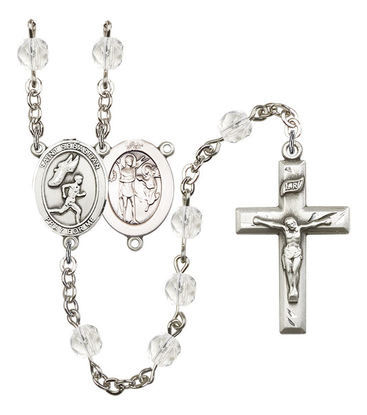 St. Sebastian / Men's Track & Field Rosary, 6mm Fire Polished Crystal Beads, Silver Plate, # 16918