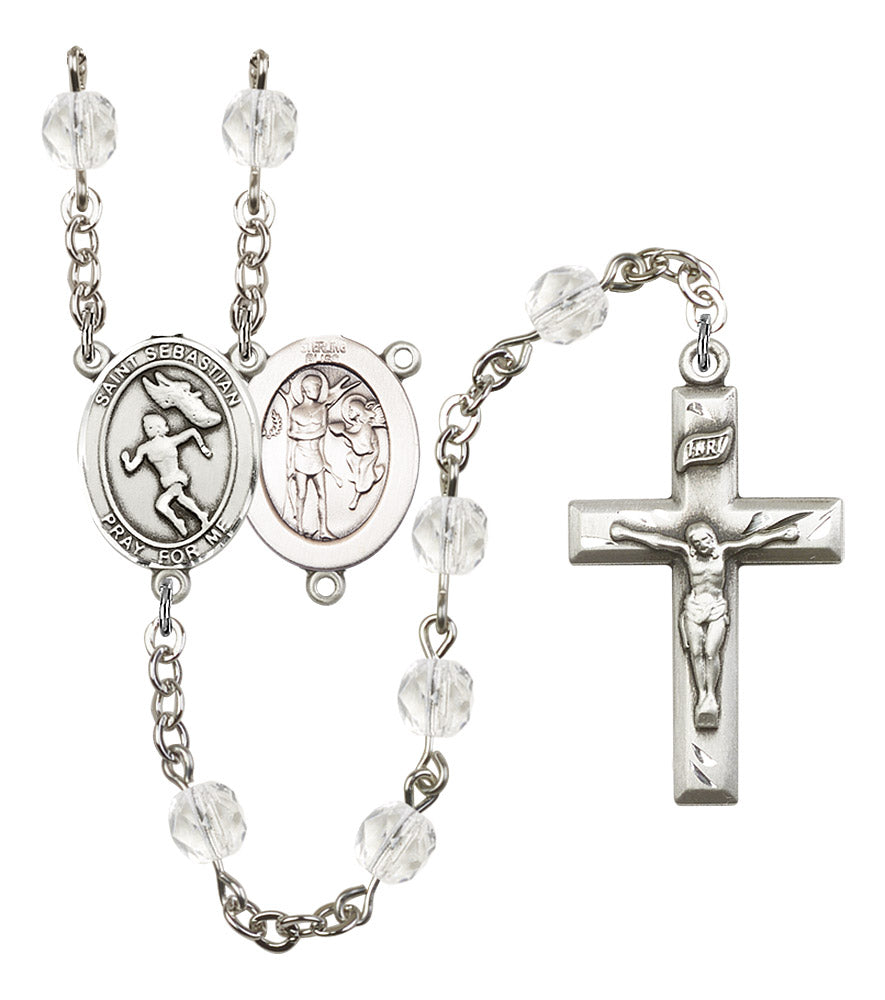 St. Sebastian / Women's Track & Field Rosary, 6mm Fire Polished Crystal Beads, Silver Plate, # 16919