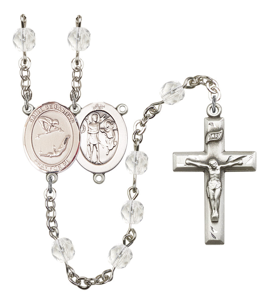 St. Sebastian / Gymnastics Rosary, 6mm Fire Polished Crystal Beads, Silver Plate, # 16922