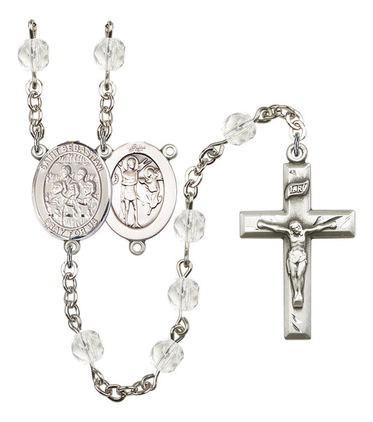 St. Sebastian / Choir Rosary, 6mm Fire Polished Crystal Beads, Silver Plate, # 16923