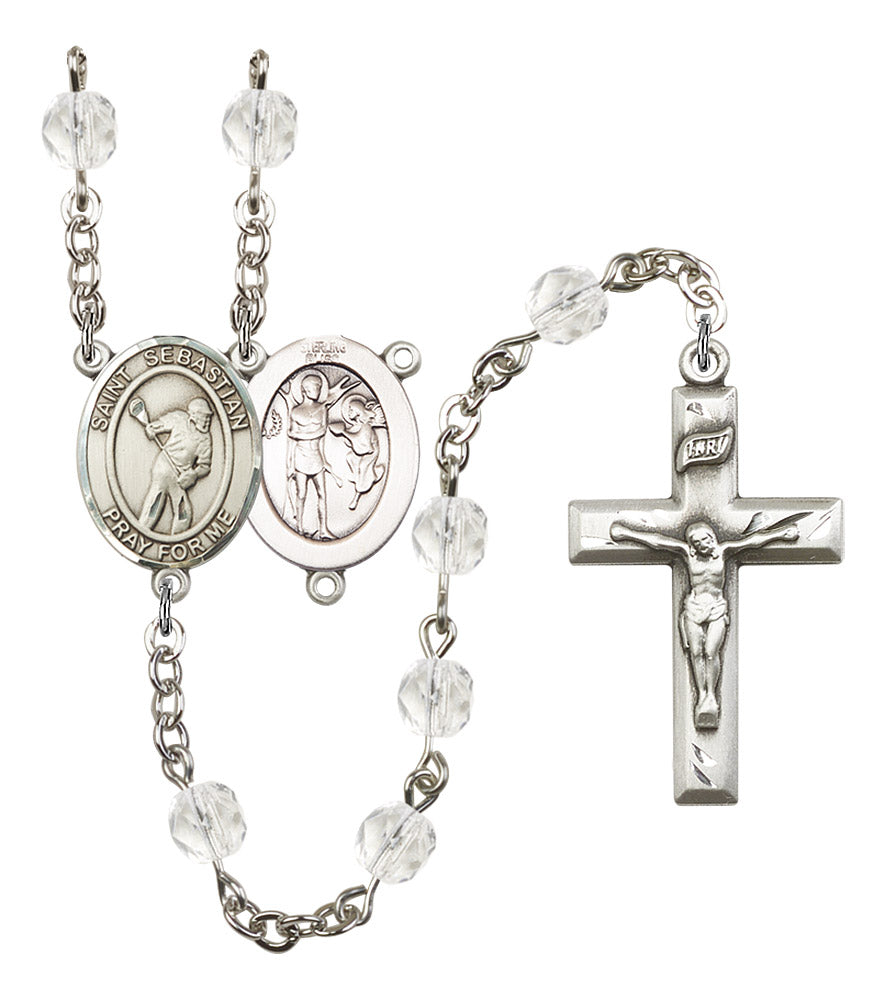 St. Sebastian / Lacrosse Rosary, 6mm Fire Polished Crystal Beads, Silver Plate, # 16925