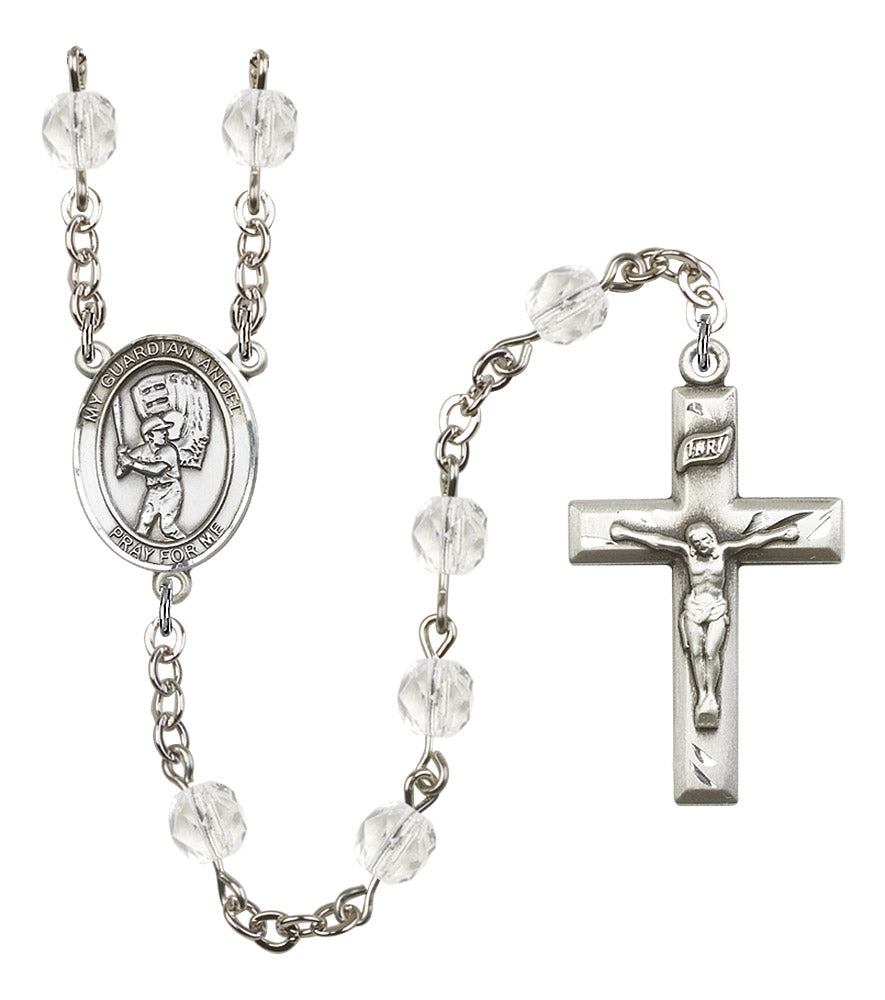 Guardian Angel / Baseball Rosary, 6mm Fire Polished Crystal Beads, Silver Plate, # 16927