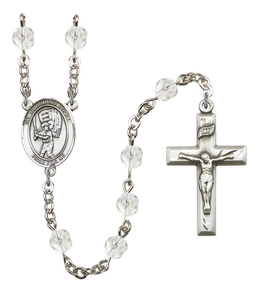 Guardian Angel / Baseball Rosary, 6mm Fire Polished Crystal Beads, Silver Plate, # 16927