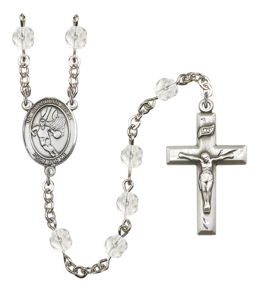 Guardian Angel / Basketball Rosary, 6mm Fire Polished Crystal Beads, Silver Plate, # 16929