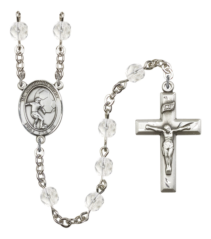 Guardian Angel / Soccer Rosary, 6mm Fire Polished Crystal Beads, Silver Plate, # 16930