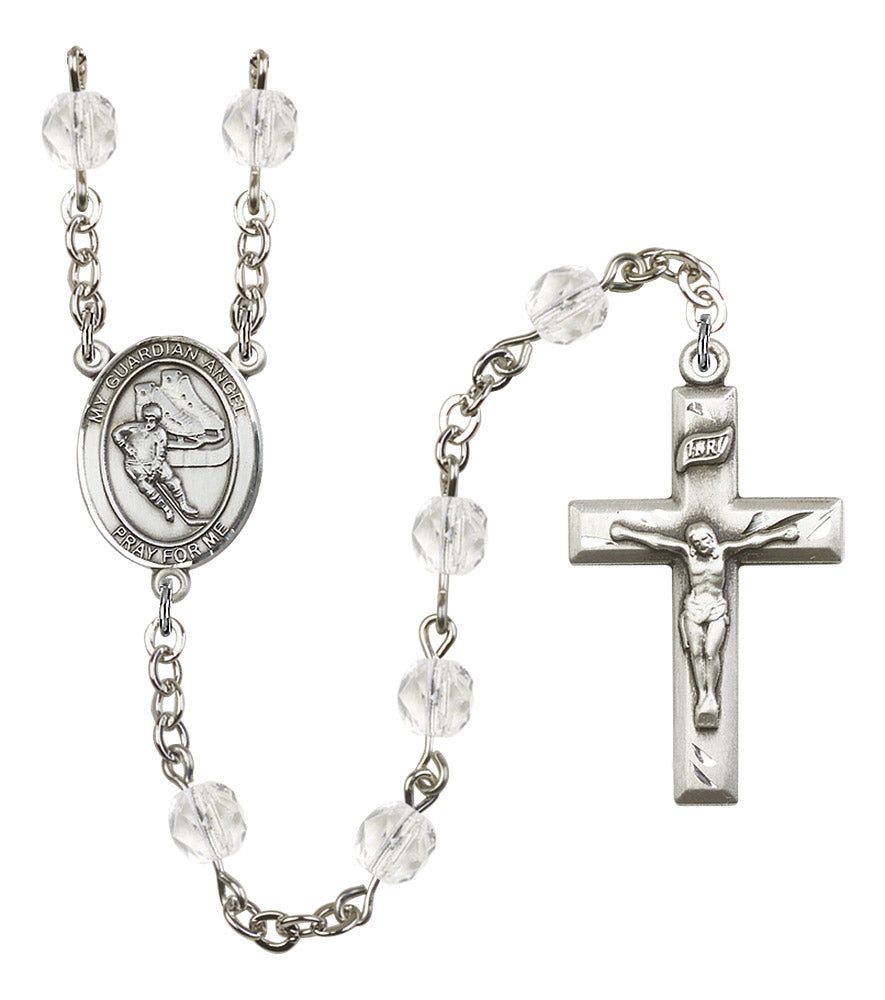 Guardian Angel / Hockey Rosary, 6mm Fire Polished Crystal Beads, Silver Plate, # 16931