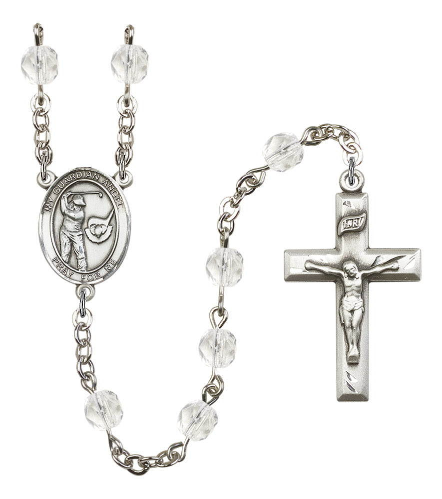 Guardian Angel / Golf Rosary, 6mm Fire Polished Crystal Beads, Silver Plate, # 16933