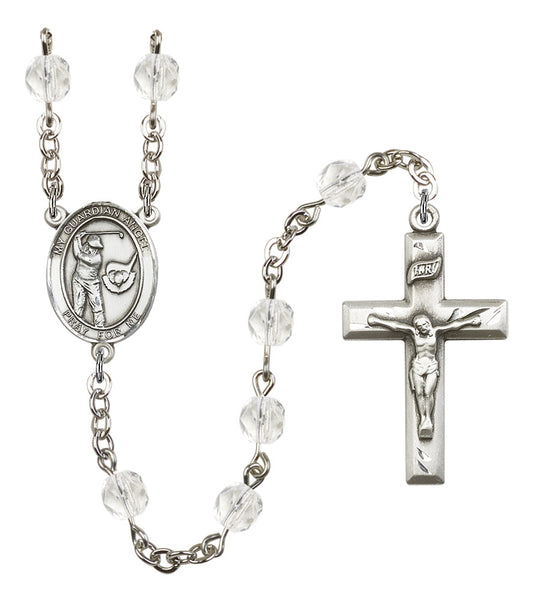 Guardian Angel / Golf Rosary, 6mm Fire Polished Crystal Beads, Silver Plate, # 16933