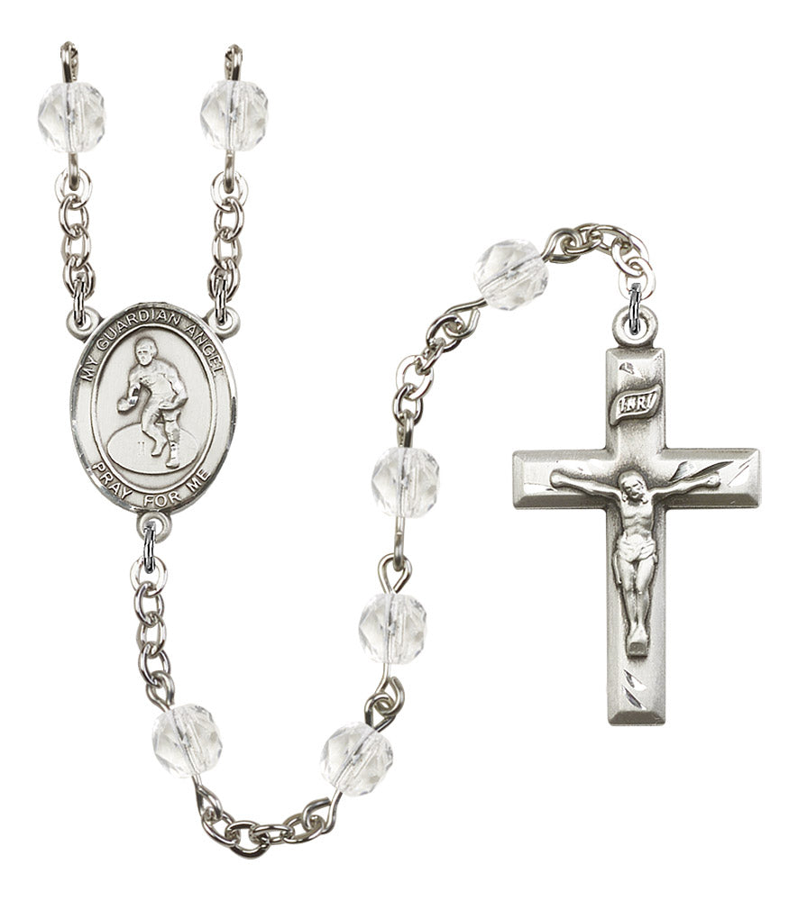 Guardian Angel / Wrestling Rosary, 6mm Fire Polished Crystal Beads, Silver Plate, # 16935