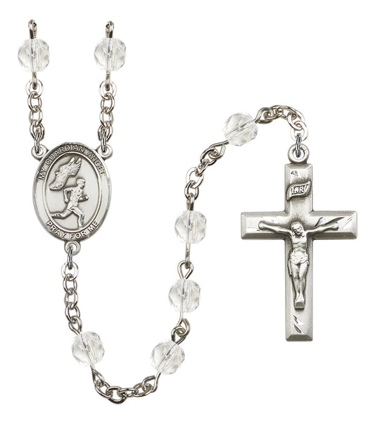 Guardian Angel / Men's Track & Field Rosary, 6mm Fire Polished Crystal Beads, Silver Plate, # 16936