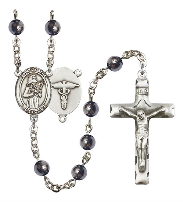 St. Agatha Nurse Rosary, 6mm Hematite Beads, Silver Plate, # 10772