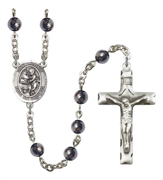 San Antonio Spanish Rosary, 6mm Hematite Beads, Silver Plate, # 10774