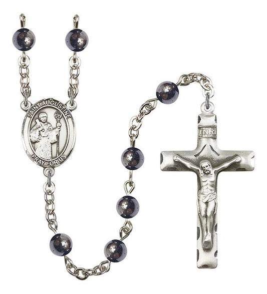 St. Augustine Rosary, 6mm Hematite Beads, Silver Plate, # 10778