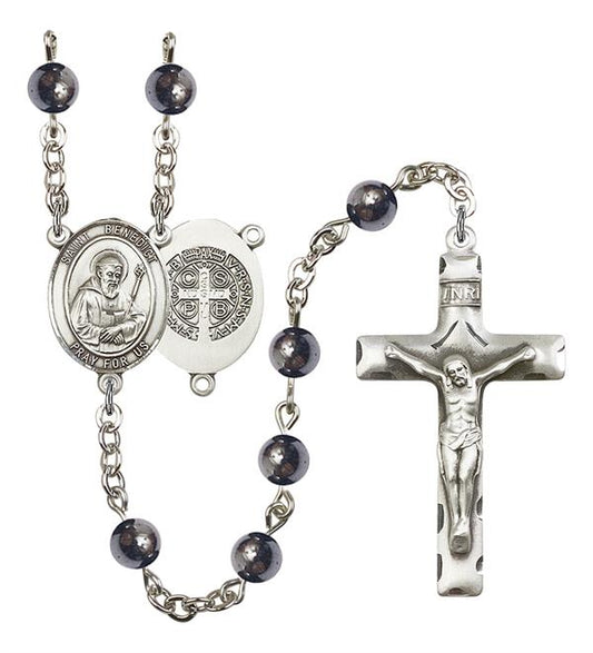 St. Benedict Rosary, 6mm Hematite Beads, Silver Plate, # 10779