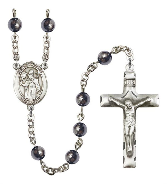 St. Boniface Rosary, 6mm Hematite Beads, Silver Plate, # 10780