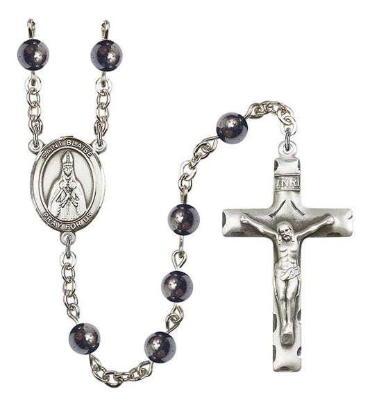 St. Blaise Rosary, 6mm Hematite Beads, Silver Plate, # 10781