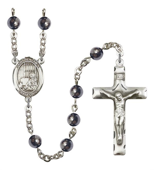 St. Benjamin Rosary, 6mm Hematite Beads, Silver Plate, # 10784
