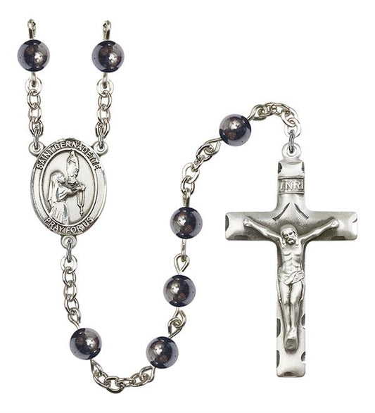 St. Bernadette Rosary, 6mm Hematite Beads, Silver Plate, # 10789