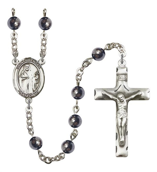 St. Brendan Rosary, 6mm Hematite Beads, Silver Plate, # 10790
