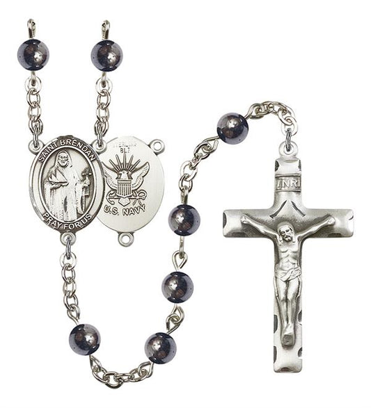 St. Brendan U.S. Navy Rosary, 6mm Hematite Beads, Silver Plate, # 10791