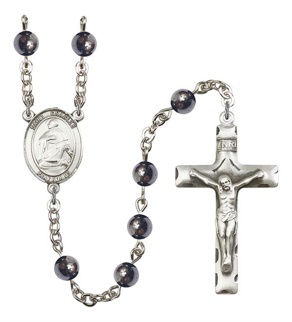 St. Charles Rosary, 6mm Hematite Beads, Silver Plate, # 10794