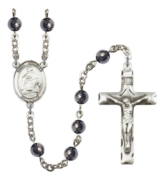 St. Charles Rosary, 6mm Hematite Beads, Silver Plate, # 10794