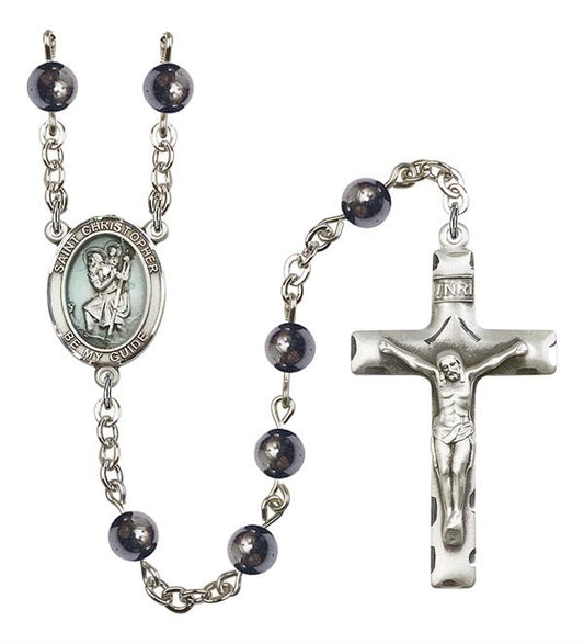 St. Christopher Rosary, Blue Enamel, 6mm Hematite Beads, Silver Plate, # 10797