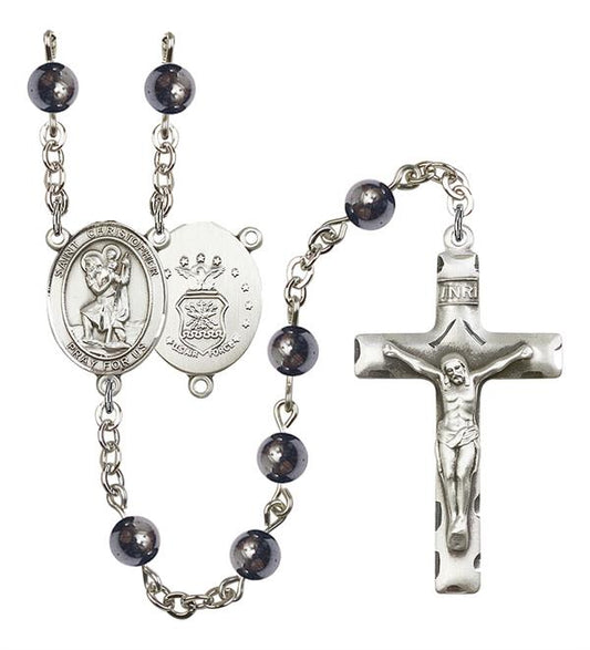 St. Christopher U.S. Air Force Rosary, 6mm Hematite Beads, Silver Plate, # 10798