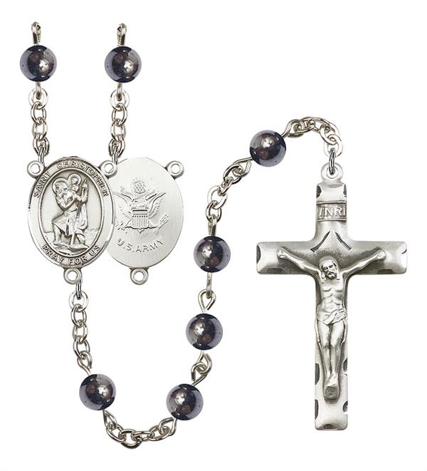 St. Christopher U.S. Army Rosary, 6mm Hematite Beads, Silver Plate, # 10799