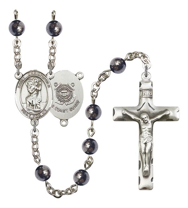 St. Christopher U.S. Coast Guard Rosary, 6mm Hematite Beads, Silver Plate, # 10800