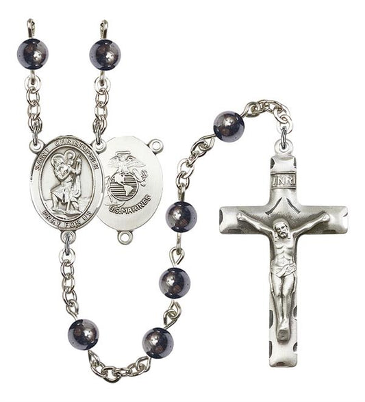 St. Christopher U.S. Marines Rosary, 6mm Hematite Beads, Silver Plate, # 10801