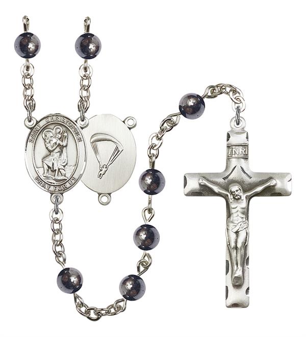 St. Christopher Paratrooper Skydiver Rosary, 6mm Hematite Beads, Silver Plate, # 10804