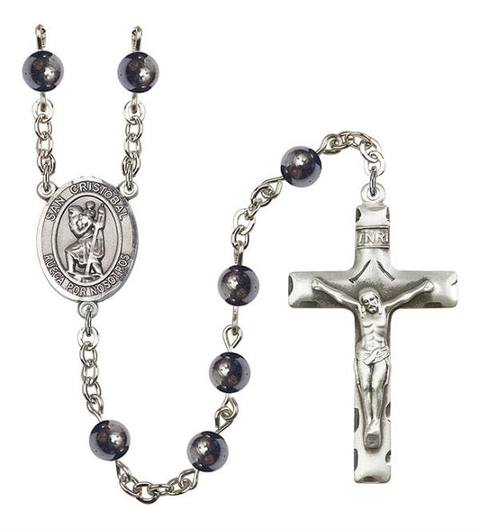 San Cristobal Spanish Rosary, 6mm Hematite Beads, Silver Plate, # 10806